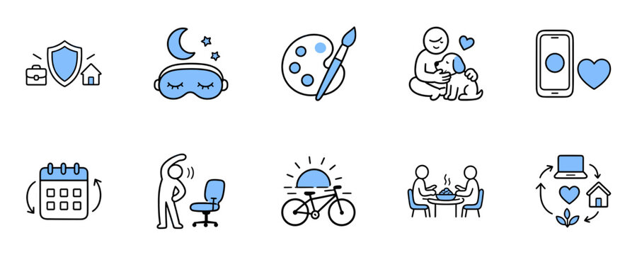 Wellbeing boundaries and healthy habits icons collection
