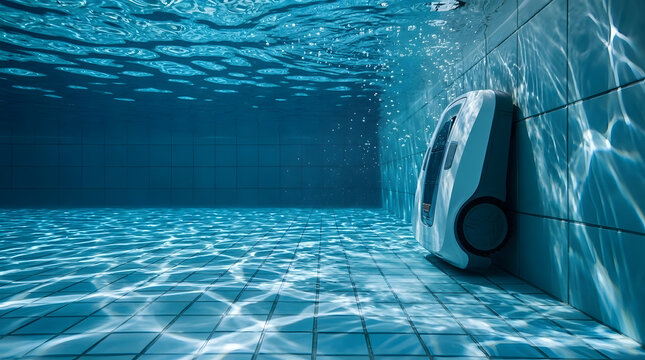 Underwater View of Robotic Pool Cleaner Cleaning Pool Wall | Automatic Robotic Pool Cleaner Operating Underwater in Tile Pool | Smart Robotic Pool Cleaner Cleaning Swimming Pool Wall