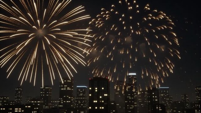 Spectacular Fireworks Exploding Over a Dark City Skyline at Night Illuminating Buildings