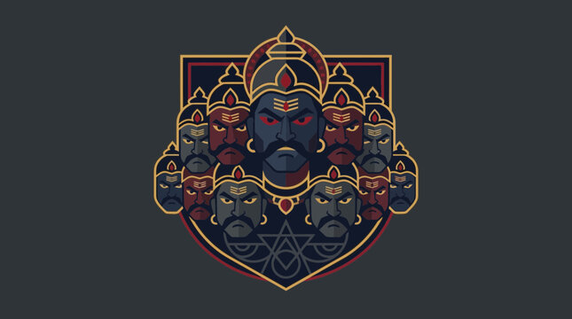An iconic flat design illustration of Ravana's ten heads, presented as a stylized emblem symbolizing evil and ego, ultimately defeated on Dussehra. 