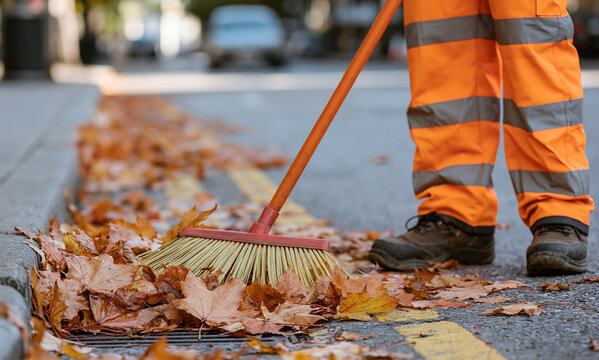 worker in a safety vest sweeps autumn leaves from a storm drain on a city street