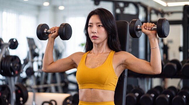 Fit Asian woman in yellow sports bra seated on workout bench performing dumbbell shoulder press in gym, deltoid training and fitness motivation concept