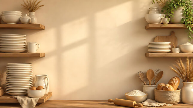 Clean minimalist warm beige kitchen counter surface background with soft window sunlight shadows for modern interior design