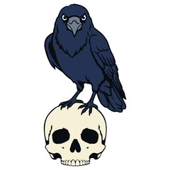 Obraz premium horror black raven bird standing on human skull halloween creepy holiday flat color vector illustration template design