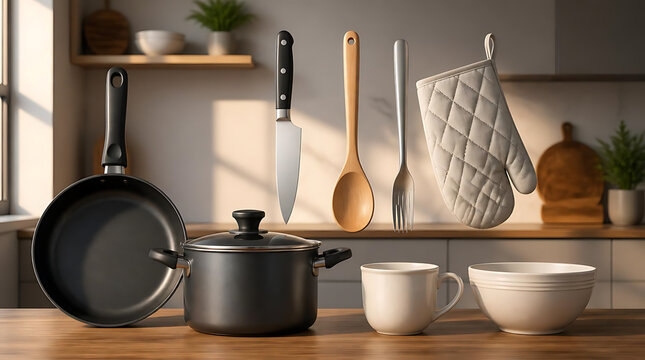 Close up of kitchen interior featuring wooden wall shelf with knives and utensils hanging for clean cooking organization