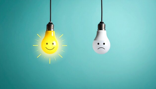 Smiling glowing bulb sad dark bulb contrast