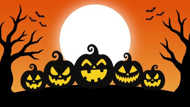 Halloween Background animation - Dark Night Halloween background with Pumpkins and bats flying over the moon
