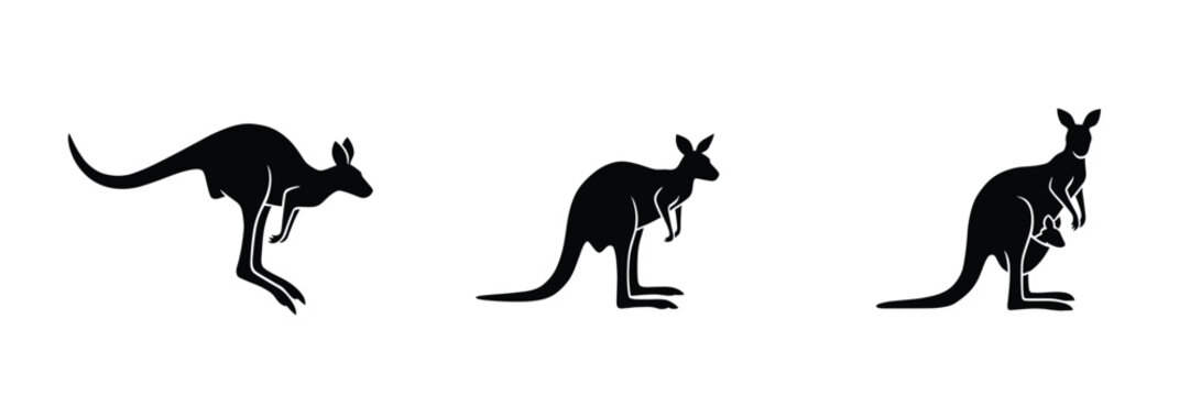 Set of three black kangaroo silhouettes in different poses, including a jumping kangaroo, a standing kangaroo, and a mother kangaroo with a joey in her pouch