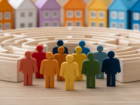 Colorful Wooden Shopper Figures Representing Consumer Confidence in a Playful Market Scene