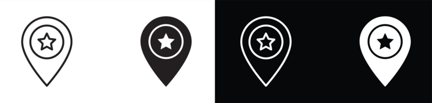 Minimalist location pin icons with star symbols in white and black color variations isolated on transparent background