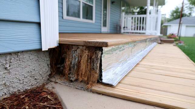 Home and Construction Failure, Installation of New Cladding Over Old Wall Opening with Detailed View of Wooden Deck and Foundation Repair Work