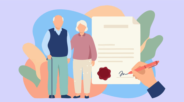 Elderly couple signing legal document for future planning, flat design
