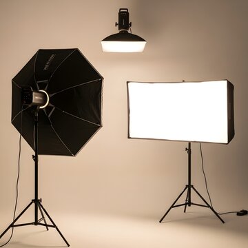 Professional studio lighting equipment including softbox, umbrella, and spotlight in studio