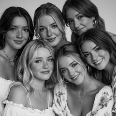 Obraz premium Six cheerful young women posing closely, featuring warm smiles and freckles, depicting bonds of sisterhood and happiness