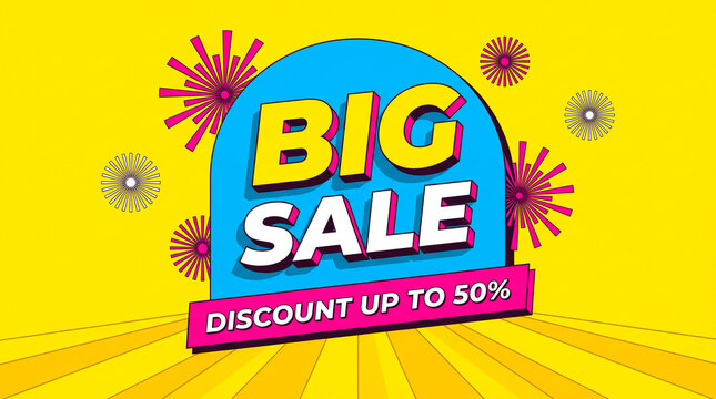 Bold "BIG SALE" text with "DISCOUNT UP TO 50%" on a vibrant yellow background, featuring abstract starburst elements, symbolizing retail promotion.