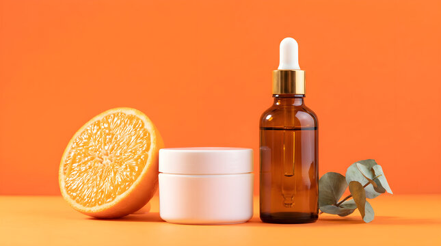 Amber glass dropper bottle and white cosmetic jar with half orange and eucalyptus branch on bright orange background for vitamin C skincare