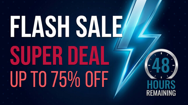Bold text announces a flash sale with a super deal, showcasing a lightning bolt symbol and a 48-hour countdown, representing urgency and limited-time offers