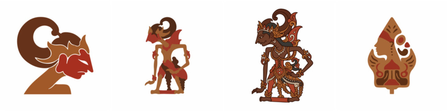 Traditional Indonesian Wayang Kulit shadow puppet vector illustration set.