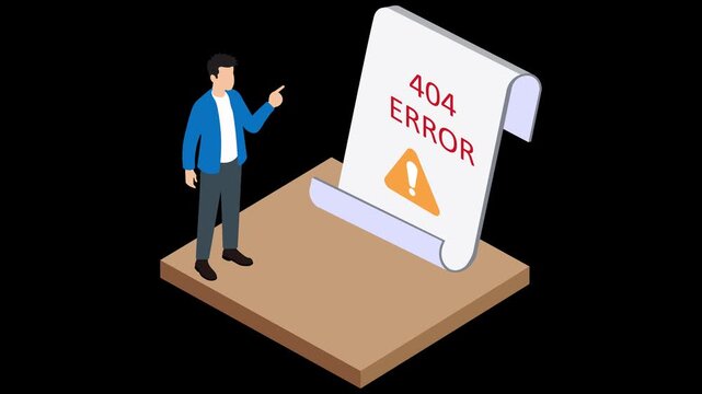 Isometric businessman pointing at paper document showing website 404 error page animation