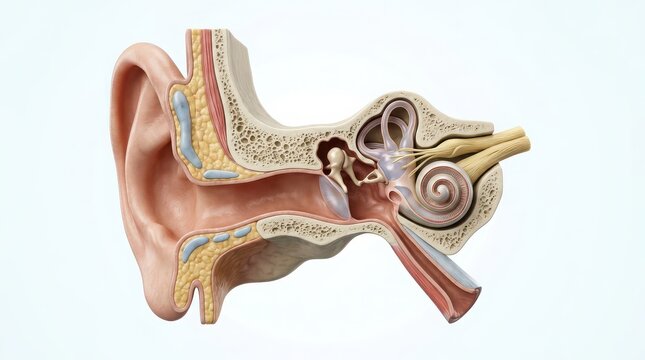 Anatomical cross section of the human ear showing outer middle and inner ear structures anatomy outer ear