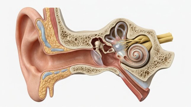 Detailed anatomical view of the human ear in cross section with visible inner ear structures anatomy