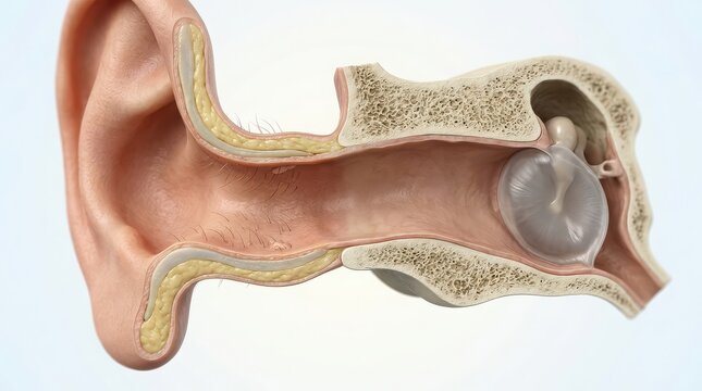 Human ear cross section showing the tympanic membrane and ear canal anatomy image photo