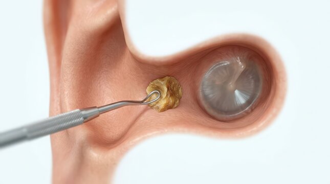 Close-up of earwax removal with an instrument from a human ear canal image photo
