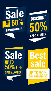 Collection of four sale and discount banners showcasing up to 50% off, representing promotional offers and marketing campaigns