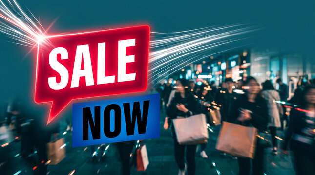 Red speech bubble graphic announcing "SALE NOW" with blurred crowd and light trails, symbolizing urgency and impulse shopping, perfect for promotion.
