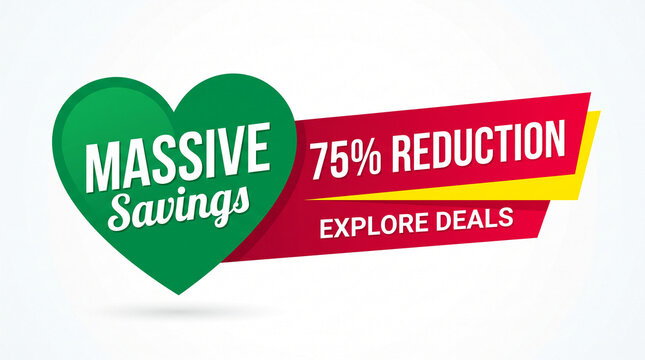 Green heart shape promoting massive savings and 75% reduction, representing a sales offer and marketing concept