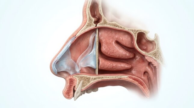Cross-section of human nasal passages and sinuses with septum nasal cavity anatomy