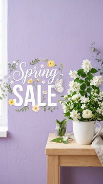 White "Spring Sale" text with floral accents and a butterfly on a lavender background, representing a seasonal promotion with fresh, natural elements.