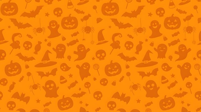 A festive orange seamless pattern featuring cute pumpkins ghosts bats and witch hats perfect for use as a creative and spooky seasonal halloween wallpaper design
