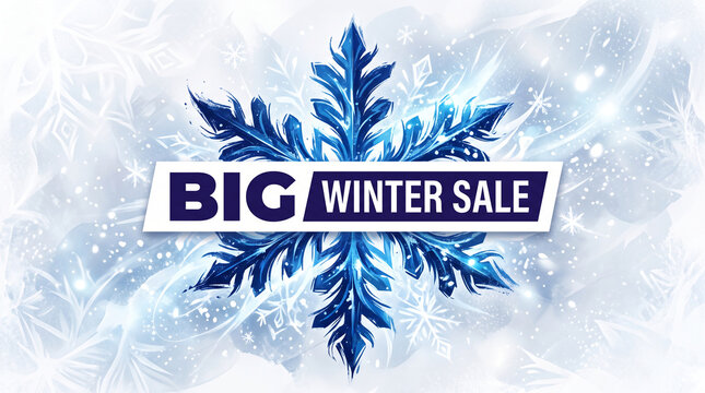 Abstract blue snowflake with "BIG WINTER SALE" text, representing seasonal discounts and cold weather promotions, ideal for advertising.