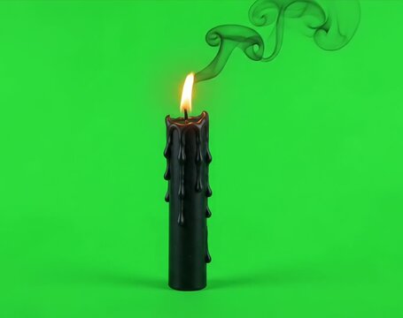 Burning black candle with melting wax and swirling smoke against a green screen background
