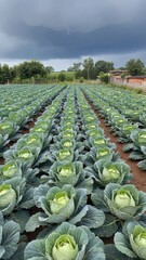 Fototapeta premium Rows of Young Brussels Sprouts Growing in a Farm Field Under Moody Stormy Sky, Agriculture Stock Photo.