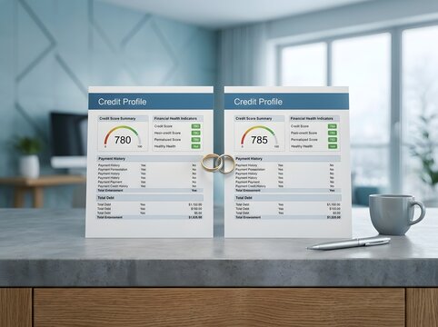 Two credit profile reports showing scores of 780 and 785 linked by gold wedding rings on a modern stone desk with a pen and coffee cup in a bright, professional home office.