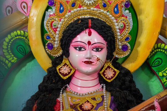 Close-up of an ornately decorated Hindu goddess idol, Dhaka Division, Shivalaya, Bangladesh