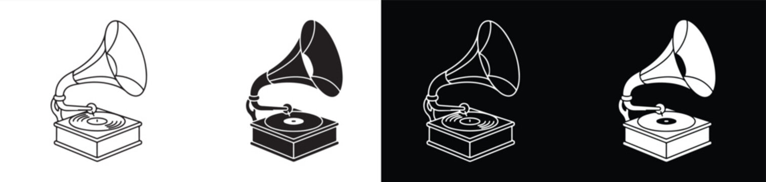 Vintage gramophone turntable icons in minimalist line art styles for music and retro design projects