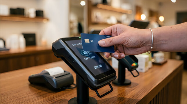 Customer making a contactless payment by tapping a credit card on a modern pos terminal with tap to pay wooden counter shop counter customer