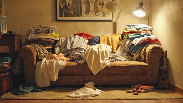 Overstuffed Sofa with Piles of Clothing: Messy Living Room Scene Reflecting Disorganization and Clutter.