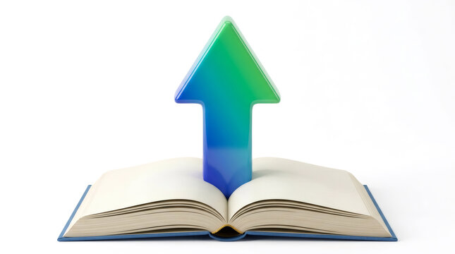 3D Green Upward Arrow Rising from Open Book, Education Growth and Skill Improvement Concept