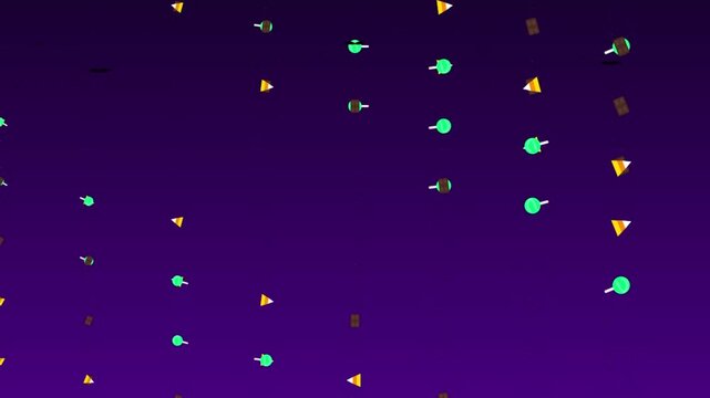Motion graphic of falling Halloween candies including lollipops and candy corn on a purple gradient background with a Trick or Treat text title for holiday celebrations.