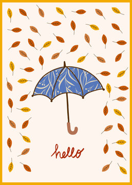 Blue Umbrella with Falling Autumn Leaves and Hello Greeting Illustration