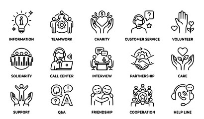 Obraz premium Charity and Community Support Icon Set with Volunteer, Teamwork, Customer Service, Solidarity, Partnership and Friendship Line Icons