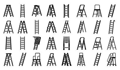 Ladder Icons Set, Step Ladder and Folding Ladder Black Silhouette Vector Icon Collection for Tool and Construction Design © MdRimon