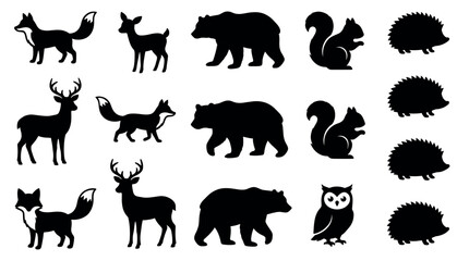Fototapeta premium Wild Animals Silhouettes Vector Collection with Horse, Elephant, Tiger, Bear, Wolf, Deer, Dog and Cat Icons for Wildlife, Nature, Farm and Zoo Design