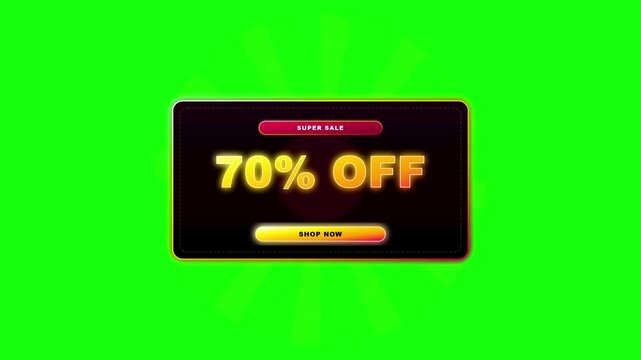 70 percent off super sale banner animation on green screen. Glowing neon text and shop now button for marketing, retail advertising, and e-commerce promotional video content.