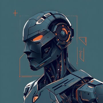 Futuristic cyborg robot head portrait with glowing orange lights and technical HUD elements