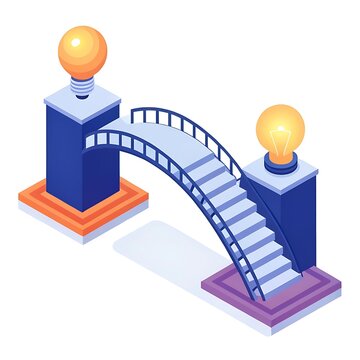 Isometric bridge with glowing lightbulbs representing connection and innovative ideas lightbulb isometric connection solution